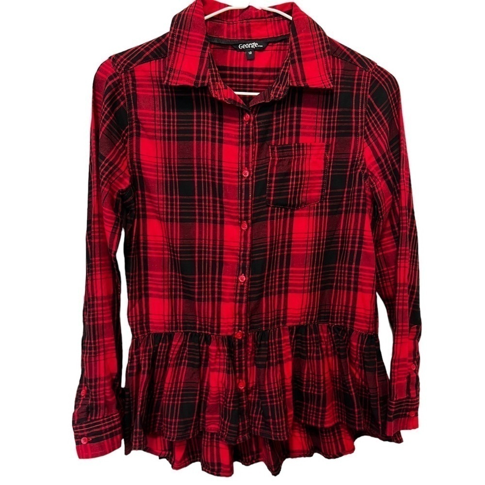 George Red and Black Plaid Button Down Blouse with Ruffle Bottom